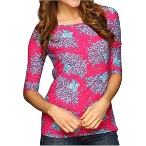 Lilly Pulitzer Cassie Orchid Pink & Blue Coral Cocktail Print Boat Neck Tee - M